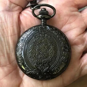 Black Ornate Antique Style Pocket Watch with Pocket Vest Chain NWT